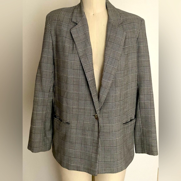 Vintage Black and White Plaid Boxy Petite Single Button Blazer w Shoulder Pads - Picture 1 of 11